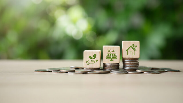 Stacked coins with eco house, hand, and solar icons representing sustainable investment and savings