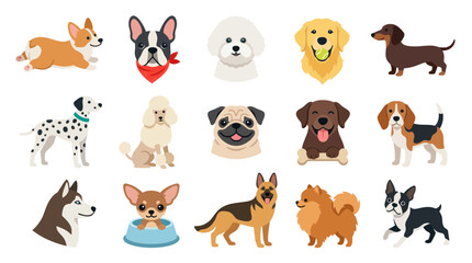 Obraz premium Collection of Flat Vector Dog Breeds Icons and Illustrations