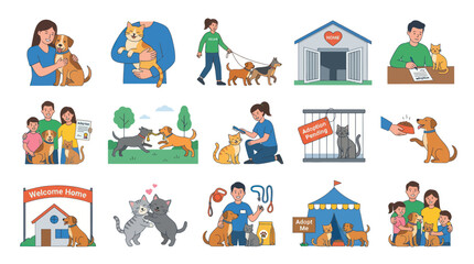 Fototapeta premium Flat Illustration of Family Adopting Dog and Cat, Pet Care, Animal Shelter
