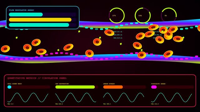 A digital bio interface simulation showing red blood cells flowing through a vascular vessel with pulsing circular gauges and fluctuating quantitative data panels in black
