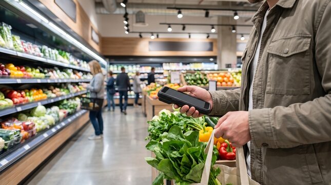 Man Using Scanner Device While Shopping for Fresh Produce in Grocery Store