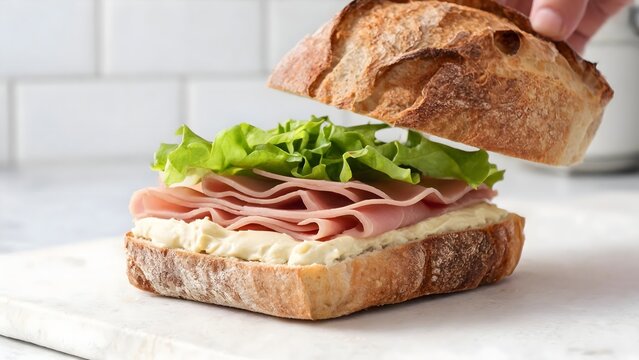 Ham Sandwich Being Assembled on Rustic Bread