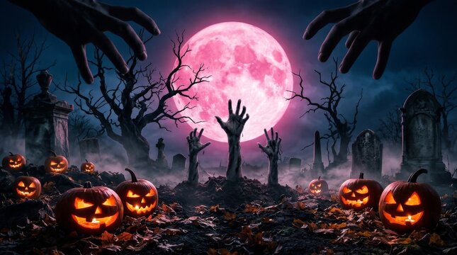 Spooky zombie hand reaching out from a grave in a graveyard under a full pink moon, with glowing jack-o'-lantern pumpkins and dark trees on Halloween night.