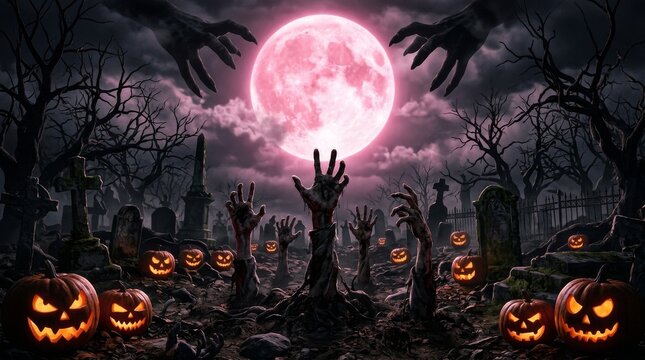 Spooky zombie hand reaching out from a grave in a graveyard under a full pink moon, with glowing jack-o'-lantern pumpkins and dark trees on Halloween night.