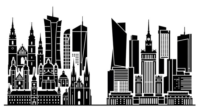 Black and white silhouette illustration of two different city skylines featuring modern skyscrapers and historical buildings