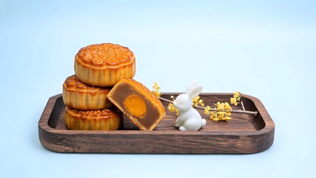 Mooncakes with Rabbit Figurine on Wooden Tray
