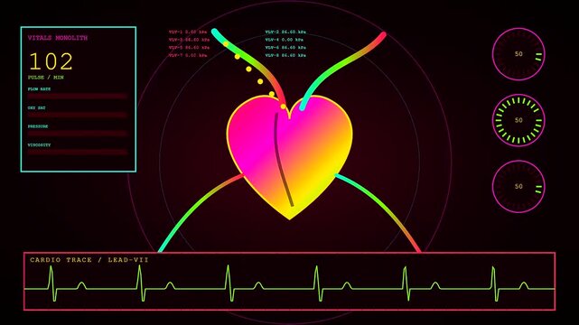 A neon bio interface displaying pulsing heart animations with vibrant gradient graphics and fluctuating numerical data monitors arranged in a professional medical monitoring grid system layout