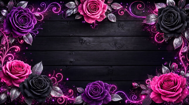 Decorative floral frame of silver leaves, glowing purple, pink and black roses with neon swirls and sparkles on a dark wooden plank background