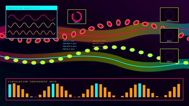 A digital bio interface simulation showing biological fluid movement across vascular paths with glowing nodes and streaming bar charts for medical laboratory data analytics monitoring