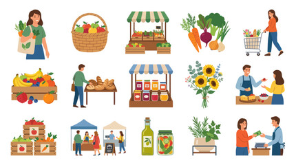 Fototapeta premium Fresh Produce and Goods at a Farmers Market, Flat Vector Illustration