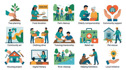 Fototapeta premium Flat Design Vector Icons Set of Volunteering, Charity, and Community Service Activities.