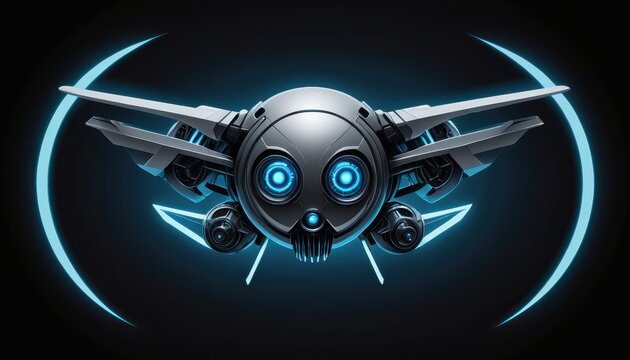 Futuristic robotic skull with glowing blue eyes and mechanical wings in digital art