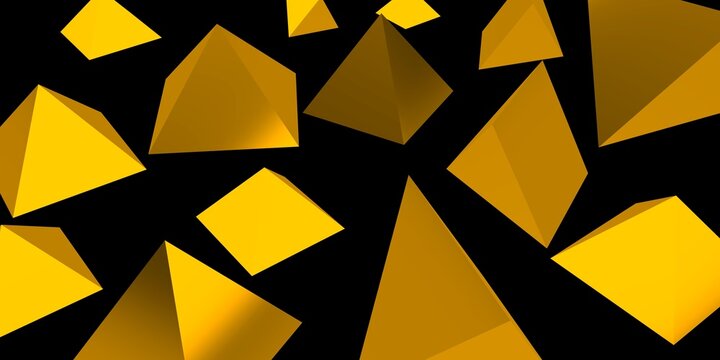 3D render of yellow pyramids on a black background, symbolizing geometry and modern design