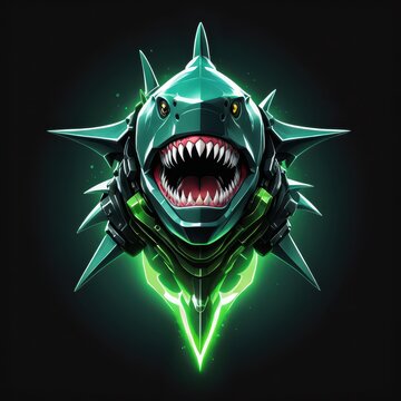 Fierce Mechanical Shark with Sharp Spikes and Electric Green Glow Illustration