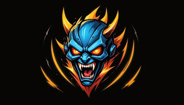 Fierce Blue Demon with Horns and Fiery Aura, Menacing Monster Head Illustration