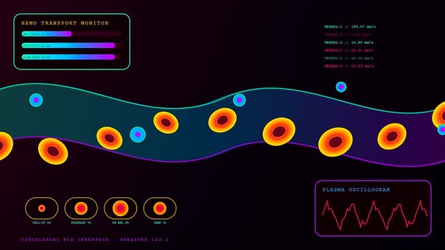 the digital bio interface shows flowing red blood cells moving through a vein while glowing data monitors track oxygen levels and velocity for medical research