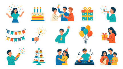 Fototapeta premium Flat Vector Stickers: Birthday Party Celebration Gift Giving Icons