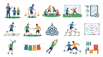 Naklejka premium Flat Vector Football (Soccer) Training Elements Set with Players, Coach, Drills, and Equipment Icons