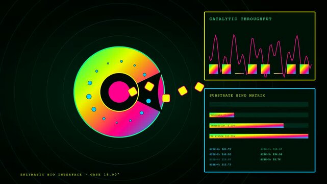 A colorful circular bio interface displays complex data analytics and shifting graphical patterns in a digital sequence across three frames on a dark screen background