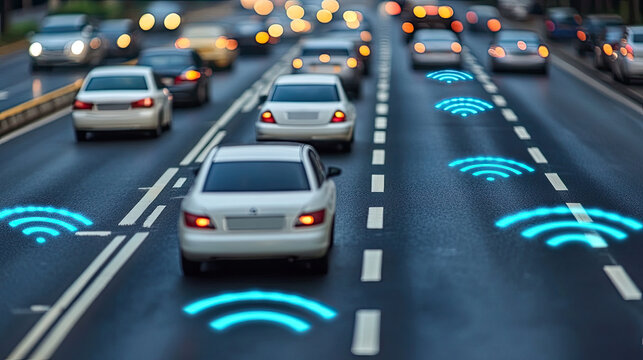 Autonomous Connected Cars Driving on Highway with Wireless Network Communication Symbols