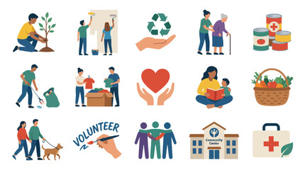 Fototapeta premium Modern Flat Vector Icons of Volunteering, Charity, Community Service and Social Help Activities Set