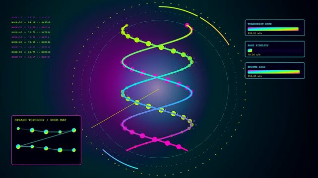 A vibrant bio interface simulation showing a spinning double helix structure with floating nodes and glowing data points displayed on a dark glowing digital monitor screen