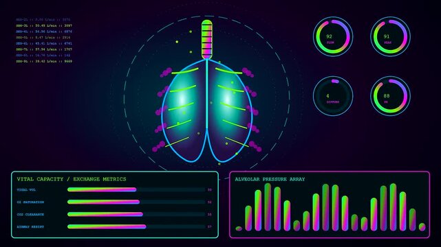 A vibrant bio interface display showing real time lung ventilation statistics with data visualization panels and shifting glowing neon graphical elements in a digital diagnostic medical environment