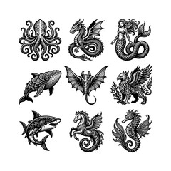 Fototapeta premium Fantasy Ocean Creature Logo Icons