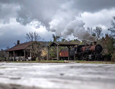 Old steam train stopping at a rustic country station under a dramatic cloudy sky. Ideal for historical travel and vintage railway transport concepts.