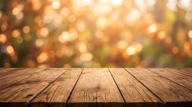 Rustic wooden table top with blurred autumn foliage background for product display or seasonal marketing design projects