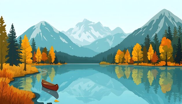 Autumn mountain lake landscape with a canoe and colorful fall foliage in a scenic valley.