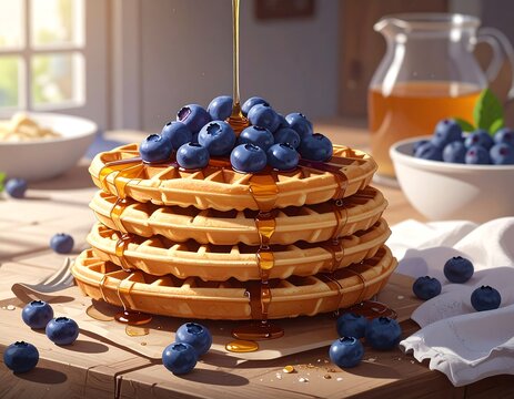 A stack of golden waffles topped with fresh blueberries as golden syrup is poured over them. Perfect for breakfast menus and culinary projects.