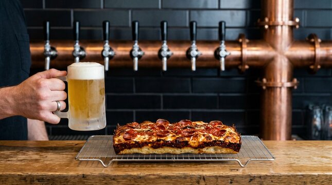 Person holding frosted beer mug next to rectangular pepperoni pizza on wire rack, food photography