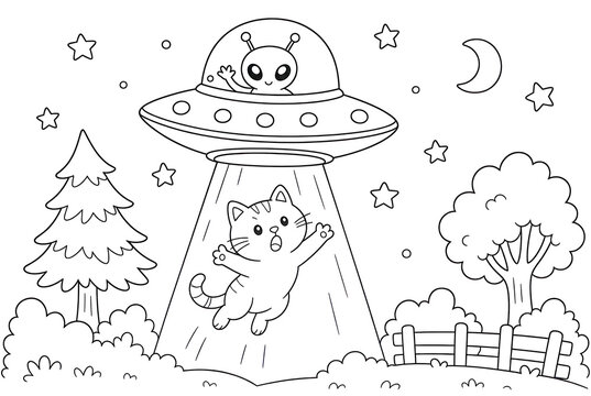 Cute alien abducting a cat in a UFO. PNG with transparent background.