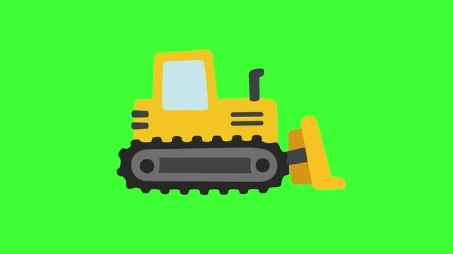 2D Flat Vector Animation of a Yellow Bulldozer on Green Screen Background