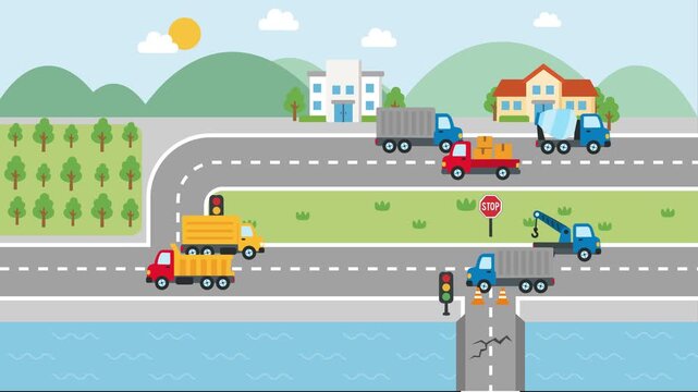 2D Vector Animation of Heavy Construction Vehicles Driving on Countryside Road with Hills