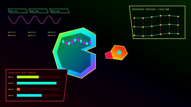 A digital bio interface illustrates biochemical enzyme reactions in three sequential steps where organic molecules bind and release within a dark vibrant virtual simulation environment