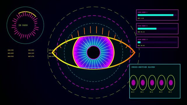 A vibrant bio interface display showing stylized ocular biometric scanning data with neon glowing circular rings and flickering bar charts on a dark digital monitor