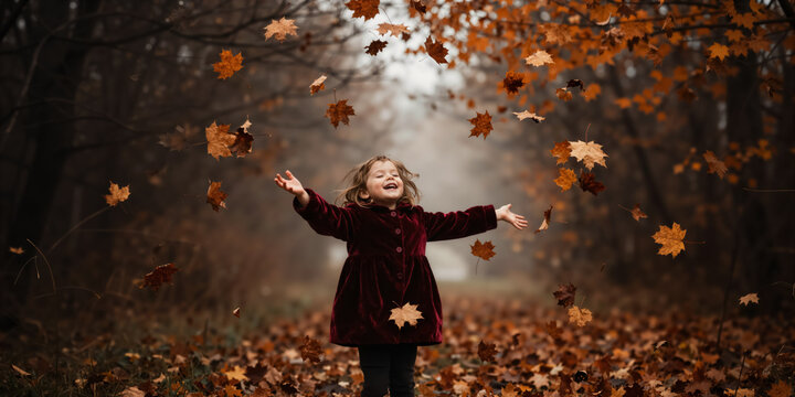 Little girl play autumn leaves. Cute kid happy fall mood. Young dance red coat. Warm velvet dress forest fun. Maple orange color woods. Brown nature trees Youth spirit Magic hair wind, park, laugh joy