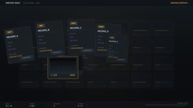 Archive vault interface extracting and verifying stored records from a cold storage cell