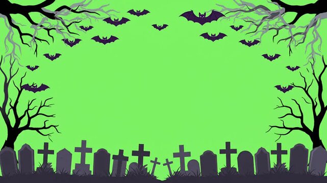 Halloween border frame animation featuring spooky flying bats, silhouette trees and graveyard tombstones on a green screen background for creative video editing