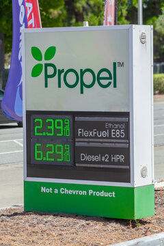 Alternative‑fuel price board showing Propel branding with posted rates for E85 FlexFuel and Diesel #2 HPR at a service location