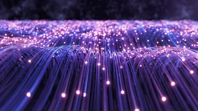 Glowing fiber optic cables emitting purple and blue light in futuristic digital data network background with high tech energy mood