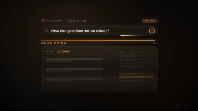 AI assistant interface typing a prompt and returning an answer with cited source sections