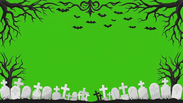 Halloween spooky border frame with graveyard trees and flying bats animation green screen overlay for holiday event social media content video production asset