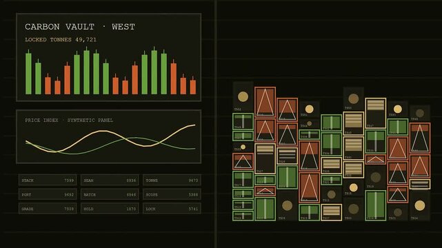 Digital displays showing carbon credits data with scrolling financial metrics and complex bar charts tracking ecological assets across several virtual monitoring panels for green investment