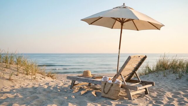Beach chair and umbrella at sunset