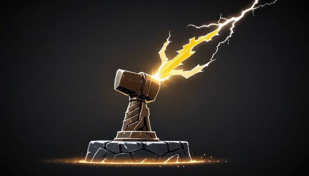 Large hammer struck by lightning on a rocky pedestal with sparks and energy surge