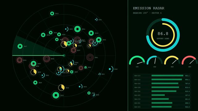 Carbon credits appear on this dark digital interface featuring pulsing radar scans glowing green circular gauges and data visualization bars displaying shifting metrics in real time