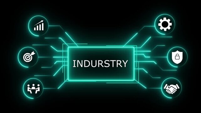 Industry 5 0 human centric smart manufacturing technology graphic loop with glowing biometric fingerprint icon on dark background 4k 